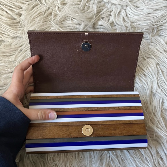Tory Burch Reyna Multicolor Block Resin Brown Wood Striped Glossy Clutch Bag OS